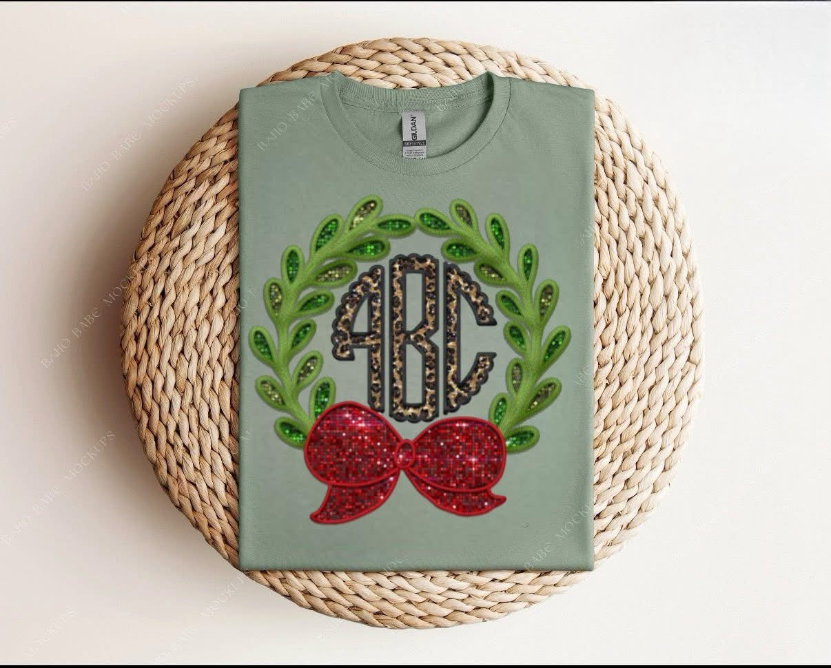 Christmas Wreath & Bow Mono Sweatshirt or Tshirts - WS (Copy)