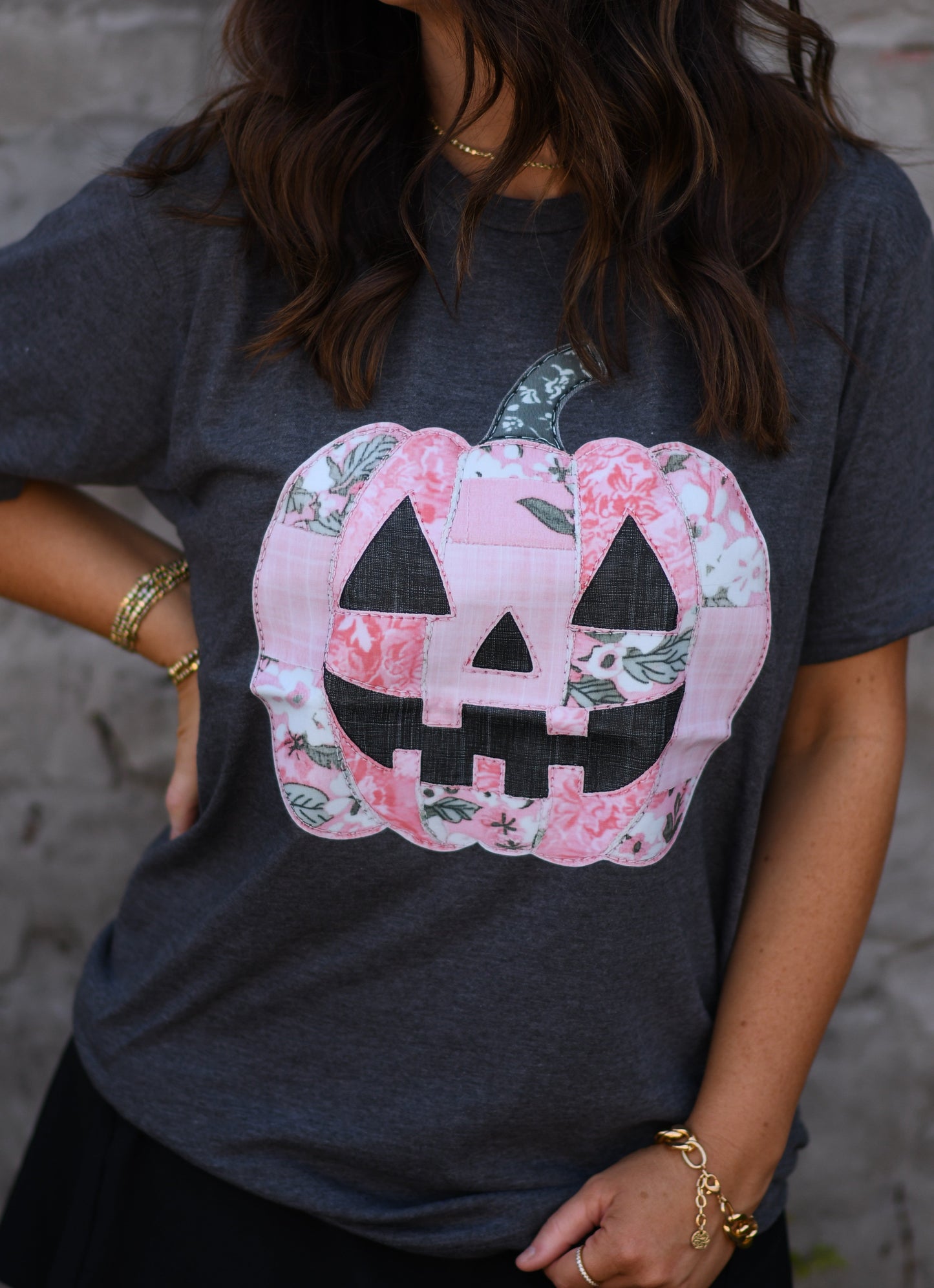 Pink Florals Patched Pumpkin Tee