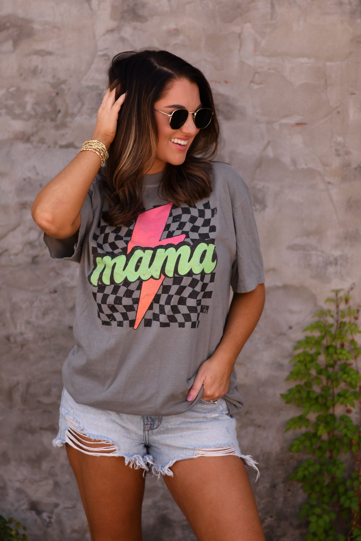Mama Checkered Lightning Bolt Tee