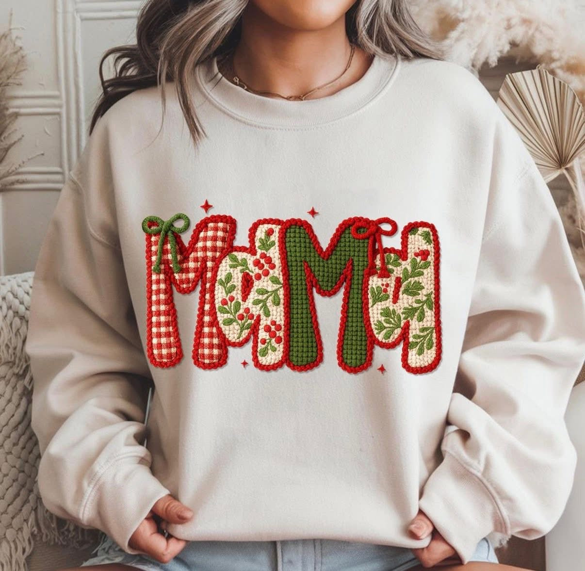 Faux Crochet Mama mistletow Sweatshirt or Tshirts - WS