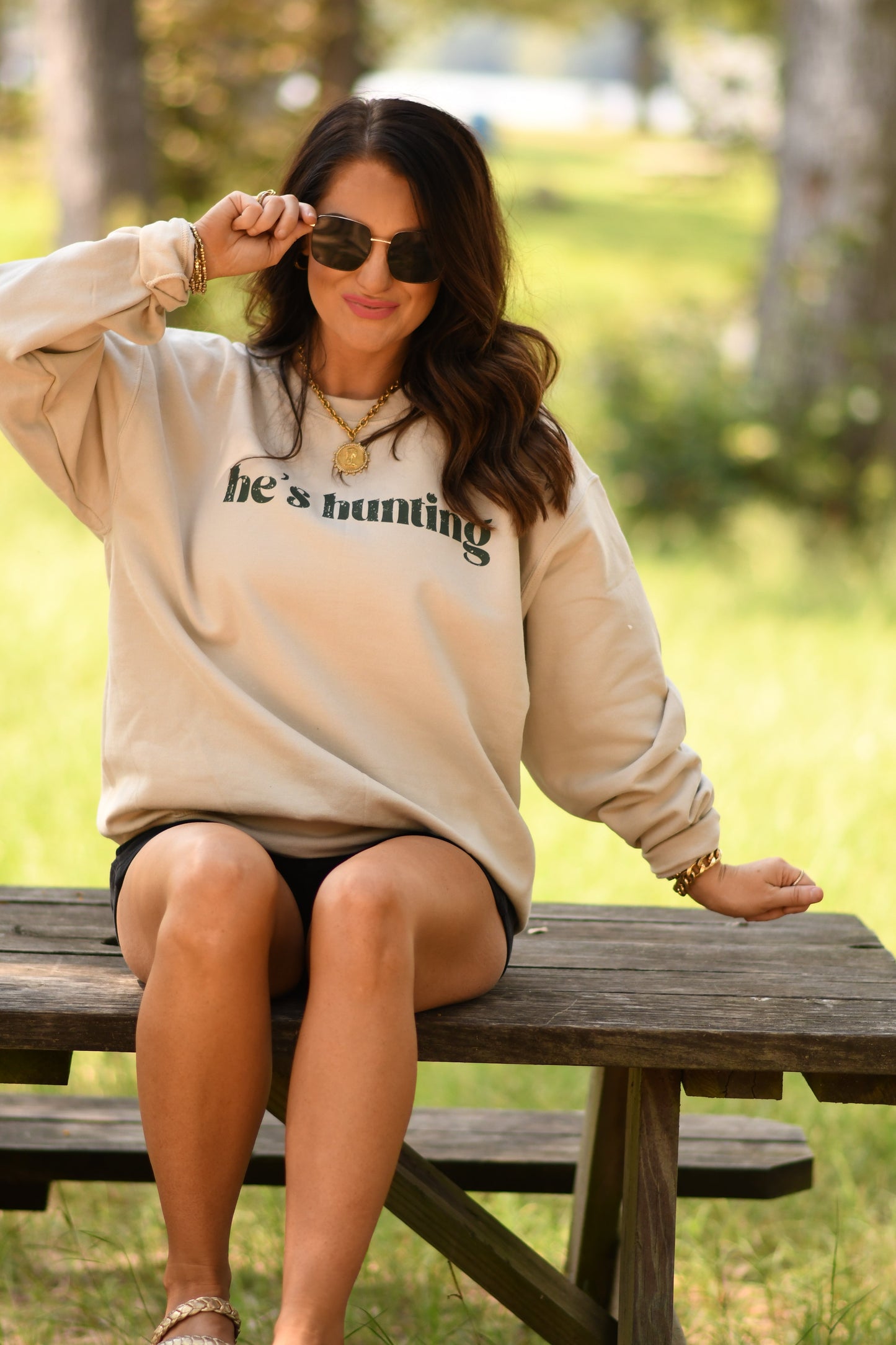 He's Hunting Tan Sweatshirts