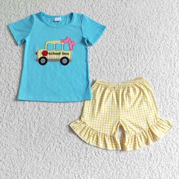 Girls Embroidered School Bus Shorts Set