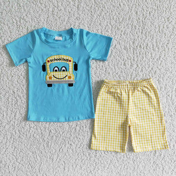 Boys Embroidered School Bus Shorts Set