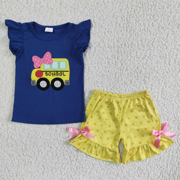 Girls Bow School Bus Navy Shorts Set