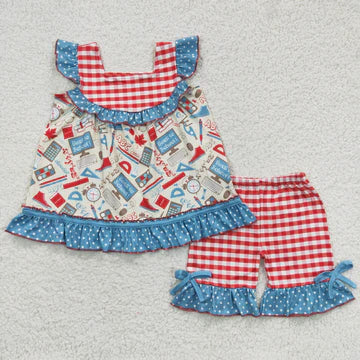 Red, White, and Blue Back to School Girls Shorts Set