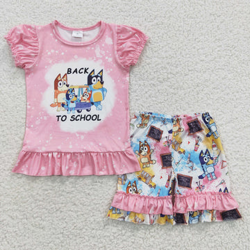 Girls Back to School Blue Dog Shorts Set
