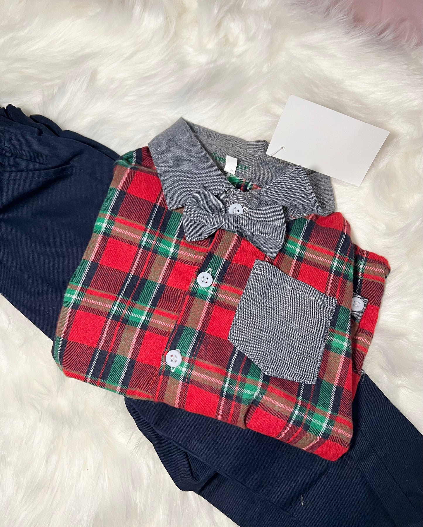 Boys Christmas Plaid Bow tie & overall pants set