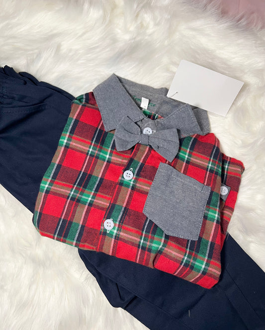 Boys Christmas Plaid Bow tie & overall pants set