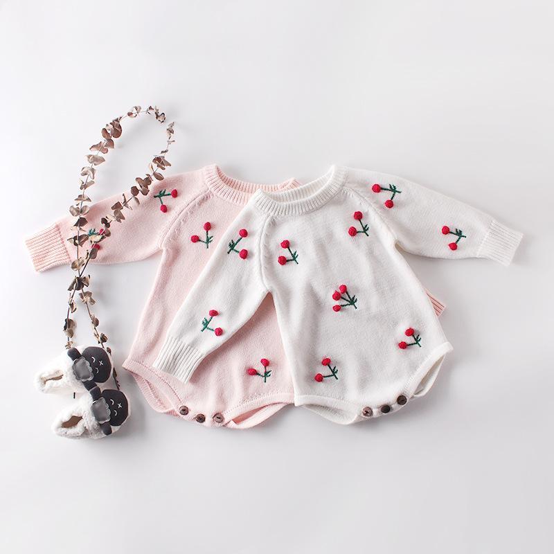Girls Hand Embroidered Cherry Long Sleeve Rompers