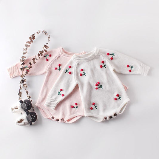 Girls Hand Embroidered Cherry Long Sleeve Rompers