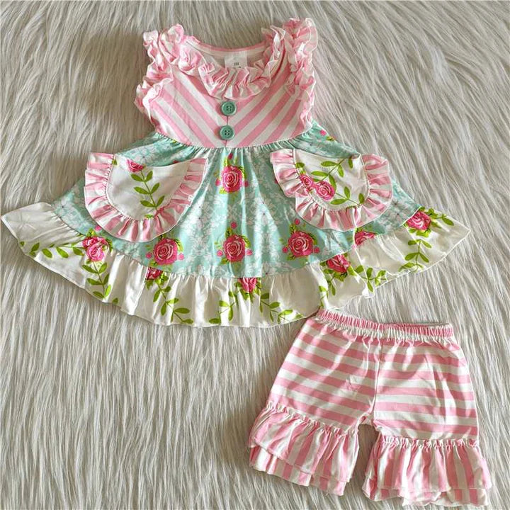 Girls Ditsy Floral Ruffle Shorts Set