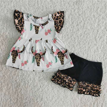 Girls Western Leopard Shorts Set