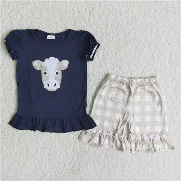 Girls Embroidered Cow Shorts Set