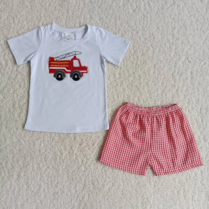 Boys Embroidered Firetruck Shorts Set