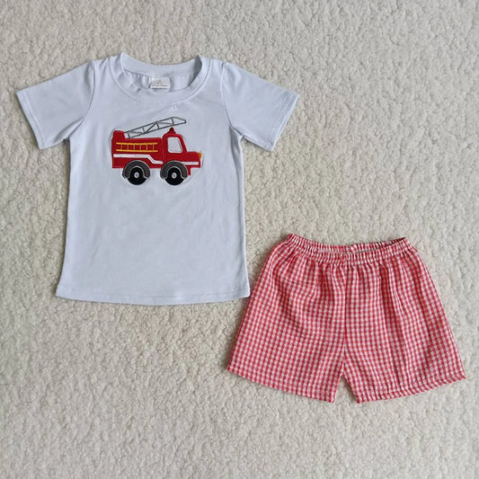 Boys Embroidered Firetruck Shorts Set
