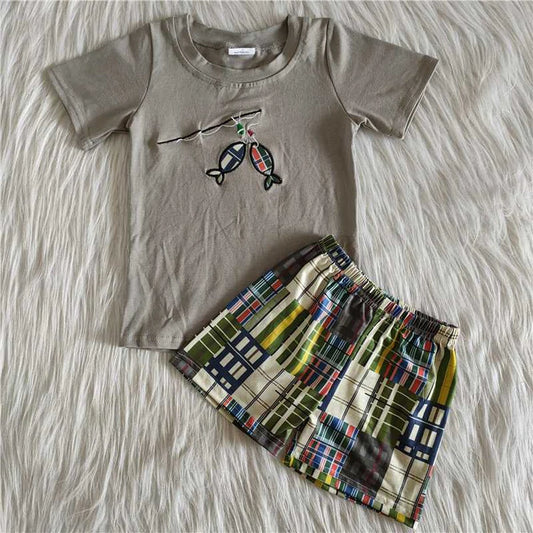 Boys Embroidered Fish Shorts Set