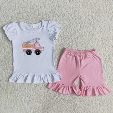 Girls Embroidered Firetruck Set