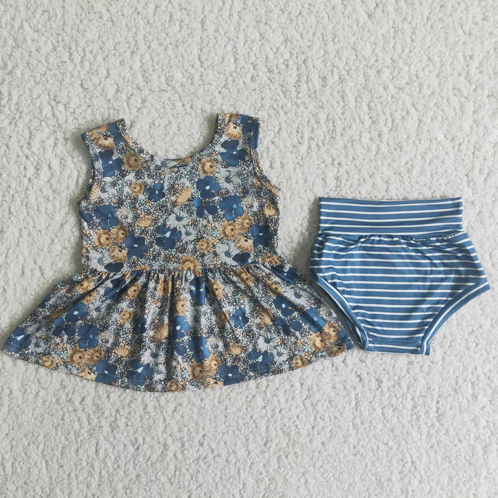 Girls Blue Floral Bummie Set