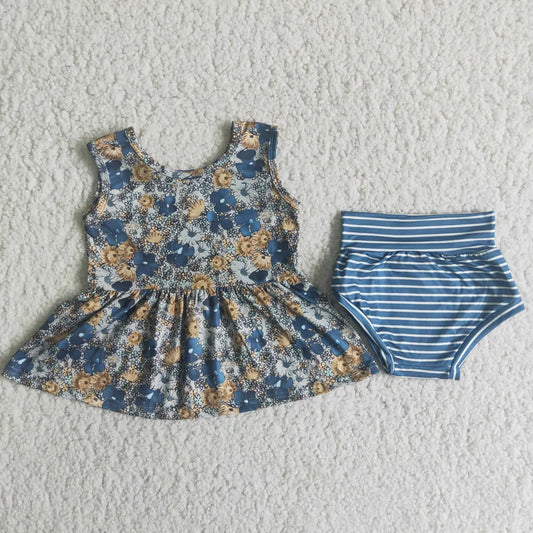 Girls Blue Floral Bummie Set