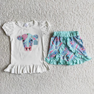 Girls Blue Cow Shorts Set