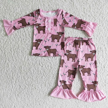 Girls Short or Long Sleeved Highland Cow Ruffle Pajamas