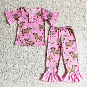 Girls Short or Long Sleeved Highland Cow Ruffle Pajamas