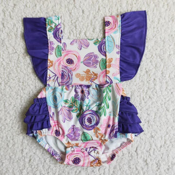 Girls Purple Flutter Sleeve Romper
