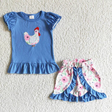 Girls Chicken Embroidered Shorts Set