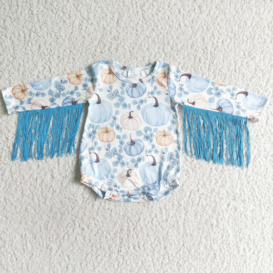 Girls Watercolor Blue Pumpkin Tassel Romper